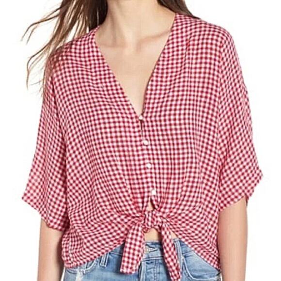 Rails Thea Red Mini Gingham Linen Tie Top Size M - Picture 1 of 7
